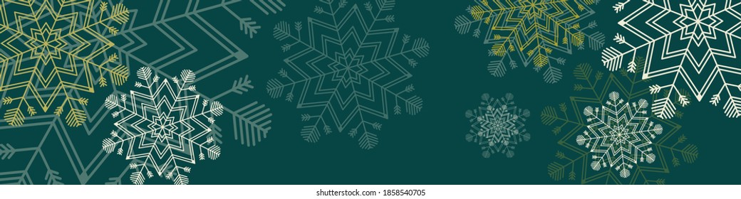 El champán, el oro y la transparencia geométrica de la nieve de diferentes tamaños sobre el fondo de la bandera verde oscuro. Estilo plano Feliz Navidad, vacaciones de invierno y concepto de Año Nuevo Feliz con espacio para copiar