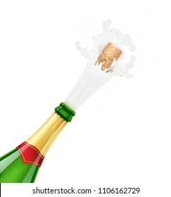 Champagne green bottle. Explode traditional french alcohol drink. Grape wine. Celebration symbol. Holiday tradition. Birthday greetings. Beverage splash. Wooden cork. EPS10 vector illustration.