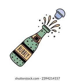 Champagne green bottle pop open with cork, vector icon. Festive alcohol with bubbles, wine splashes. Hand drawn bright doodle isolated on white. Drink for a party, holiday, New Year. Cartoon clipart