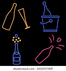 champagne group of neon icons, vector illustration, on black background.