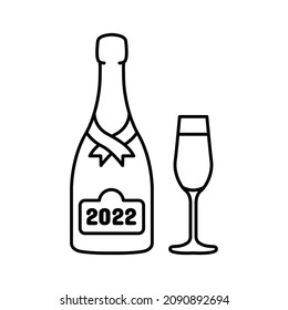 Champagne Happy New Year 2022 Icon, Prosecco Bottle And Glass Vector Outlined, Festive Holiday Celebrating New Year 2022, Isolated On White Background.