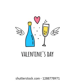 Champagne, heart and wings. Vector illustration for Valentine's day.