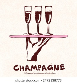 champagne, holding, waiter, champagne bottles, .Wedding Clipart Bundle, Wedding Invitation, Champagne glasses Flutes, Cheers, Drawing, outline, lineart, cocktails, sparkle, champagne coquette, party