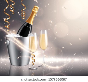 Champagne holiday background composition with realistic images of bucket filled with ice and bottles with drinking glasses vector illustration