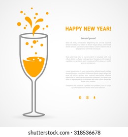 Champagne holiday background. Vector illustration. Minimalistic concept with line style glass and sparkles inside. Place for text message.