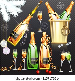 Champagne holiday flat set vector illustration on transparent background