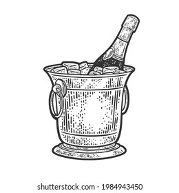 champagne in an ice bucket line art sketch engraving vector illustration. T-shirt apparel print design. Scratch board imitation. Black and white hand drawn image.