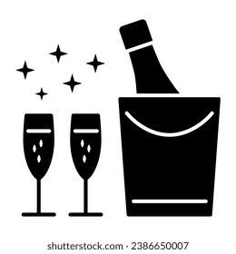 Champagne in ice bucket solid icon, Sea cruise concept, luxury alcoholic drink in bucket in sign on white background, champagne bottle and glasses icon in glyph style. Vector graphics