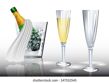 champagne in ice bucket and two glasses