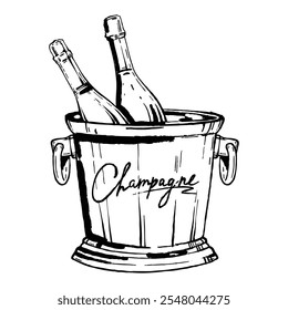 Seau à glace au champagne, icône de boisson alcoolisée froide dessinée à la main par Image vectorielle, doodle d'encre de vin mousseux. invitation au Mariage impression graphique bohème, rafraîchissement de boisson de fête. Nouvelle année célébration champagne glace