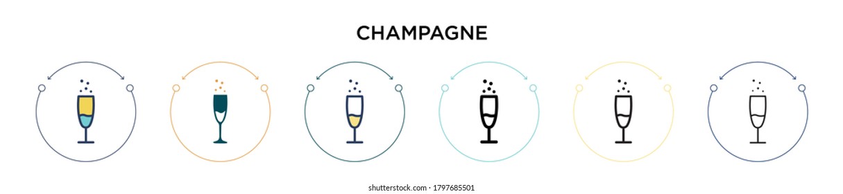 Champagne icon in filled, thin line, outline and stroke style. Vector illustration of two colored and black champagne vector icons designs can be used for mobile, ui, web
