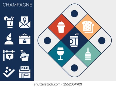 champagne icon set. 13 filled champagne icons.  Simple modern icons about  - Soda, Success, Pub, Bar, Ice bucket, Birthday, Event, Drink, Invitation, Toast, Wine glass, Rum