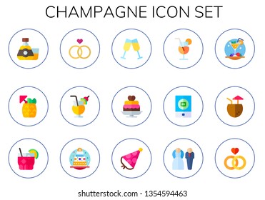 champagne icon set. 15 flat champagne icons.  Simple modern icons about  - alcohol, cocktail, wedding, Cocktail, cheers, wedding cake, event, birthday cake, party hat, bride, marriage