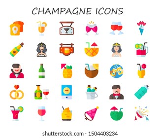 champagne icon set. 30 flat champagne icons.  Collection Of - toast, cocktail, bar, bouquet, bride, bartender, coconut drink, marriage, event, drink, plastic bottle, Cocktail