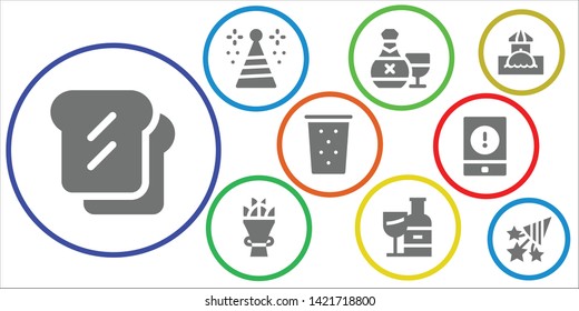 champagne icon set. 9 filled champagne icons.  Collection Of - Toast, Party hat, Rum, Bouquet, Wine bottle, Drink, Event, Bar, Confetti