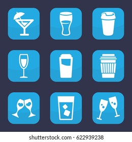 Champagne icon. set of 9 filled champagne icons such as drink, clink glasses, wine glass, cocktail