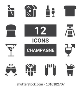 champagne icon set. Collection of 12 filled champagne icons included Drink, Sash, Tux, Cheers, Cocktails, Cocktail, Corkscrew, Toast, Cork, Wine