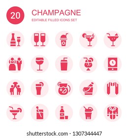 champagne icon set. Collection of 20 filled champagne icons included Champagne, Toast, Drink, Cocktail, Bride, Wine, Juice, Event, Success, Ice bucket, Sash, Margarita, Tequila