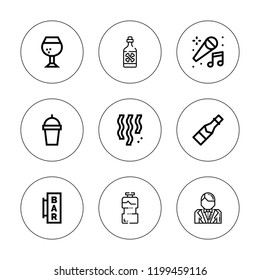 Champagne icon set. collection of 9 outline champagne icons with bar, brandy, champagne, confetti, drink, groom, karaoke icons. editable icons.