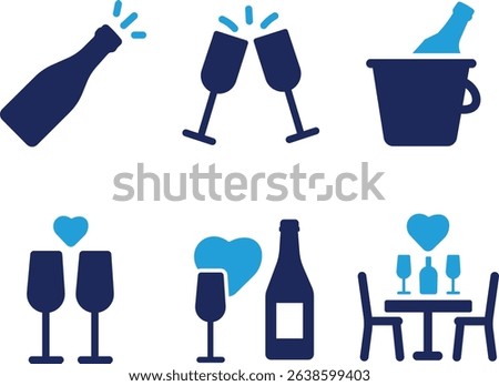 Champagne icon set collection. Bottle, toast, glass, bucket, heart, table and best solid icon set.