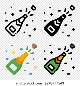 Champagne icon set. Colorful cartoon champagne icon. Champagne bottle explosion. Champagne logo. Vector illustration