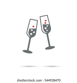 Champagne Icon for Valentines Day. Red hearts sparkling in toasting glasses