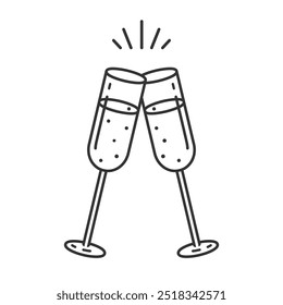 Champagne icon.Creative two sparkling wine glasses icon for greeting card,postcard,invitation,menu design.New Years,Christmas Celebration,Party symbol.Transparent background.Vector illustration EPS10