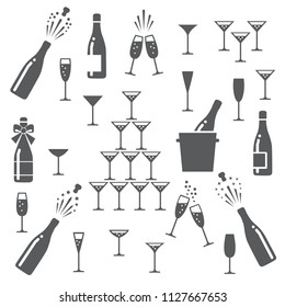 Champagne Icons. Cheering Opening Popping Bottles And Glasses Of Champagne, Cheers And Cheerful Signs Silhouettes Vector Illustration