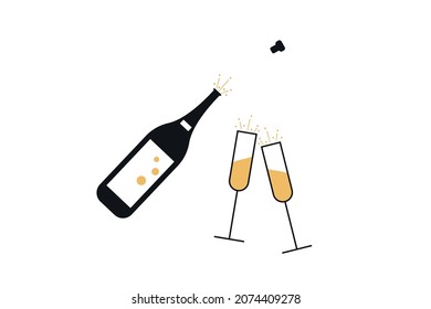 Champagne icons. Cheering opening popping bottles and glasses of champagne, cheers and cheerful signs silhouettes vector illustration. Christmas, new year 2022, EPS 10