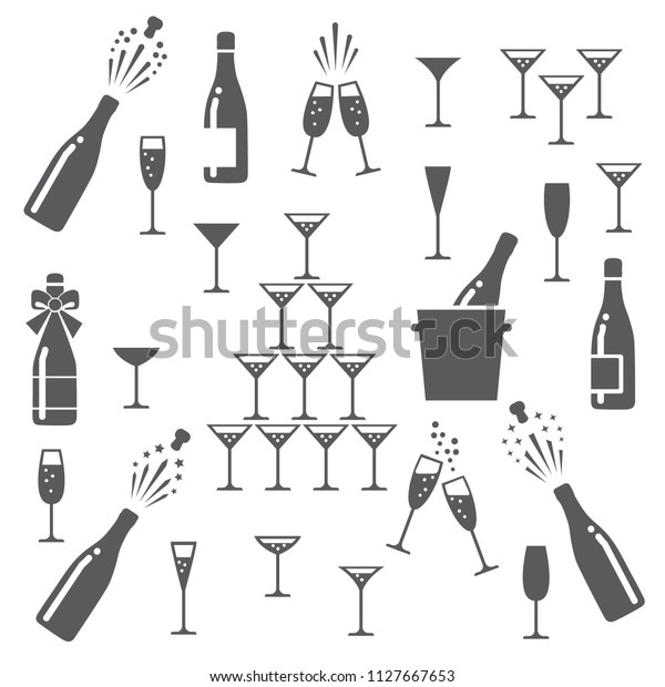 シャンパンのアイコン シャンパン 歓声 明るいサインのシルエットベクターイラストを開くと ぽんぽん と開く瓶やグラスを掛ける のベクター画像素材 ロイヤリティフリー