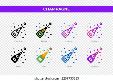 Iconos de champán de diferente estilo. Iconos de champán. Símbolo de vacaciones. Conjunto de iconos de estilo diferente. Ilustración del vector