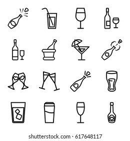 Champagne Icons Set. Set Of 16 Champagne Outline Icons Such As Drink, Cocktail, Clink Glasses, Wine Glass, Wine Glass And Bottle