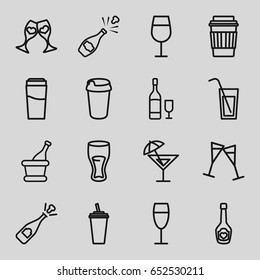 Champagne icons set. set of 16 champagne outline icons such as drink, cocktail, clink glasses, wine glass, wine glass and bottle