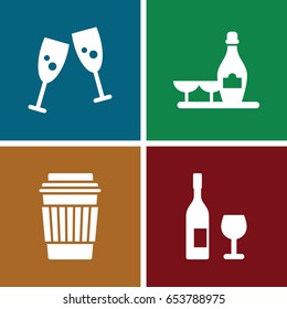 Champagne icons set. set of 4 champagne filled icons such as champagne and wine glasses, drink, wine glass and bottle