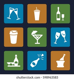 champagne icons set. Set of 9 champagne filled icons such as drink, wine glass, wine glass and bottle, cocktail