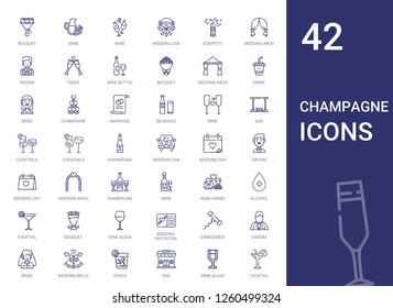 champagne icons set. Collection of champagne with bouquet, wine, wedding car, confetti, wedding arch, groom, toast, wine bottle, drink. Editable and scalable champagne icons.