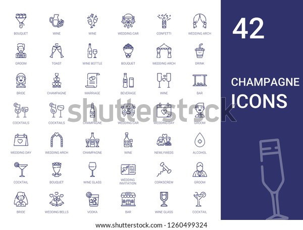 champagne icons set.\
Collection of champagne with bouquet, wine, wedding car, confetti,\
wedding arch, groom, toast, wine bottle, drink. Editable and\
scalable champagne\
icons.