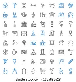 champagne icons set. Collection of champagne with groom, wine bottle, cocktail, cocktails, alcohol, wedding arch, toast, beverage, confetti. Editable and scalable champagne icons.