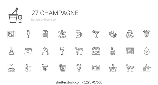 champagne icons set. Collection of champagne with wedding invitation, cocktail, vodka, bouquet, beverage, groom, wine, bar, cocktails, wine glass. Editable and scalable champagne icons.