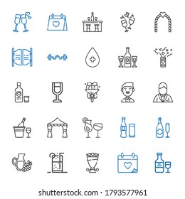 champagne icons set. Collection of champagne with wine, wedding day, bouquet, soft drink, beverage, cocktails, wedding arch, groom, wine glass. Editable and scalable champagne icons.