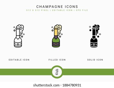 Champagne icons set vector illustration with solid icon line style. Soda bubble effervescent concept. Editable stroke icon on isolated background for web design, infographic and UI mobile app.