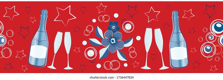 Champagne icons and stars vector seamless border. Champagne flutes, bottles, fizz, flower bouquet red, blue, white banner. Stylish repeat edging, ribbon for party, celebration, 4th July concept