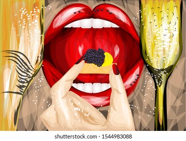 champagne lifestyle. woman eating canape with caviar