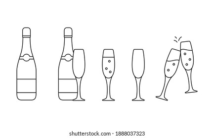 Champagne. Linear icons set. Bottle, clinking glasses. Black simple illustration of . Contour isolated vector pictogram on white background