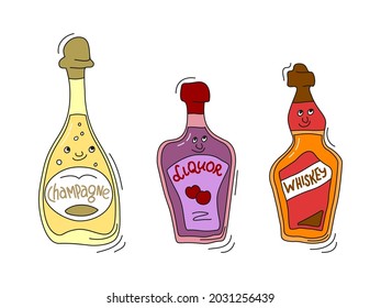 Champagne, liquor and whiskey with smile on white background. Cartoon sketch graphic design. Doodle style with black contour line. Cute hand drawn bottle. Party drinks concept. Freehand drawing style.