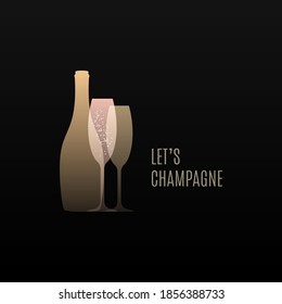 Champagne logo with champagne bottle and glass on black background