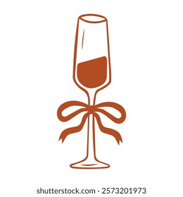 Champagne long glass with bow in coquette aesthetics. Element for invitations, greeting cards, posters, prints, design menu doodle style. Vector hand drawn isolated icon on a white background.