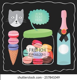 Champagne and macaroon illustrations on chalkboard with hand lettering.