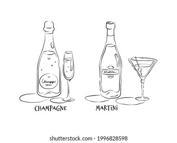 Champagne and martini. Bottle and glass in hand drawn style. Restaurant illustration for celebration design. Retro sketch. Line art. Design element. Beverage outline icon. Isolated on white background