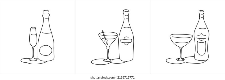 Champagne martini vermouth bottle and glass outline icon on white background. Black white cartoon sketch graphic design. Doodle style. Hand drawn image. Party drinks concept. Freehand drawing style.